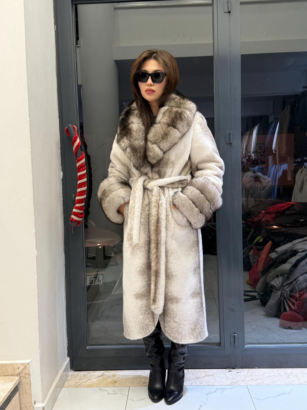 Luxury Women’s Long Beige Faux Mink Coat with Genuine Fox Fur Collar & Cuffs | Winter Fox Fur Jacket