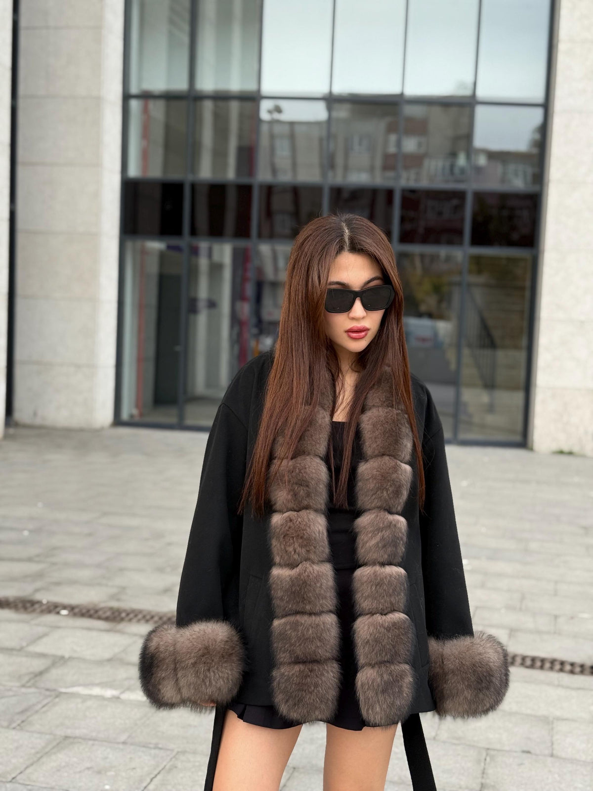 Black Short Cashmere Jacket, Front&Cuffs Fox Fur Jacket, Women Fox Fur Jacket.- Sable Brown Fox Fur Coat..- Fox Fur
