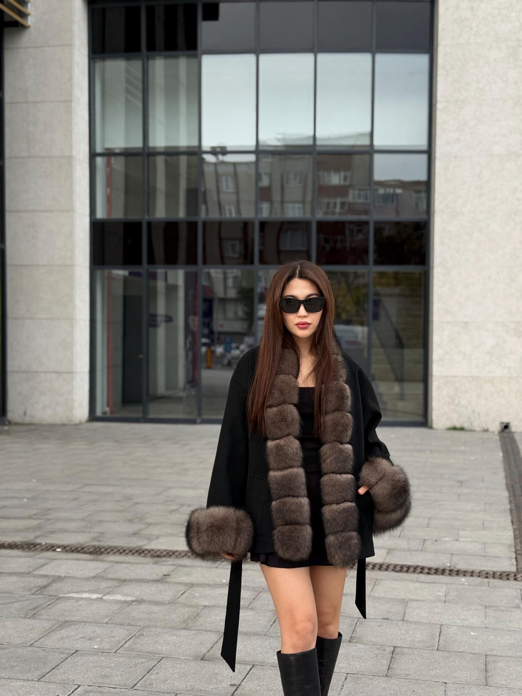 Black Short Cashmere Jacket, Front&Cuffs Fox Fur Jacket, Women Fox Fur Jacket.- Sable Brown Fox Fur Coat..- Fox Fur