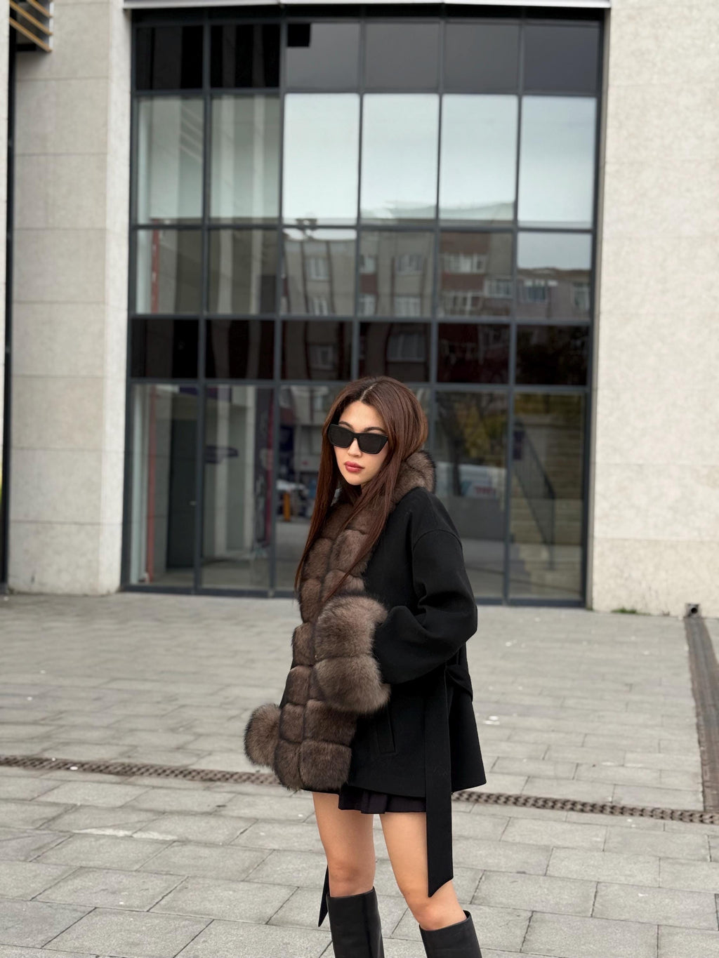 Black Short Cashmere Jacket, Front&Cuffs Fox Fur Jacket, Women Fox Fur Jacket.- Sable Brown Fox Fur Coat..- Fox Fur