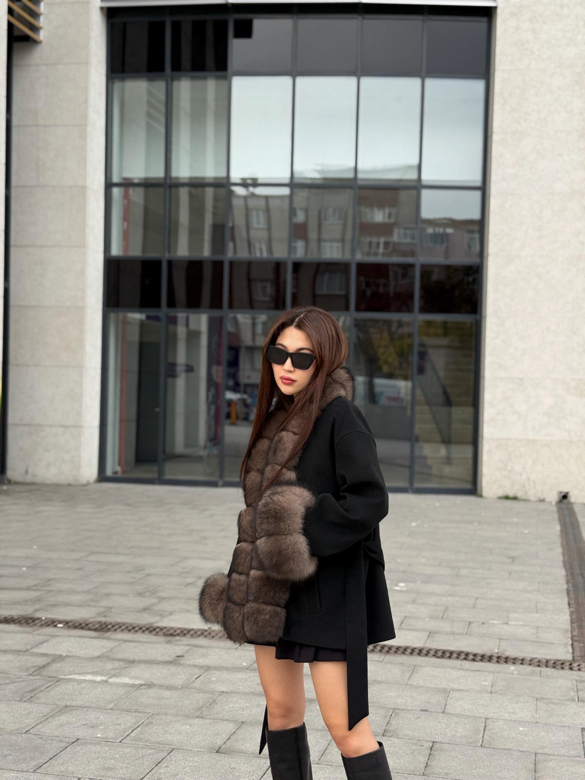 Black Short Cashmere Jacket, Front&Cuffs Fox Fur Jacket, Women Fox Fur Jacket.- Sable Brown Fox Fur Coat..- Fox Fur