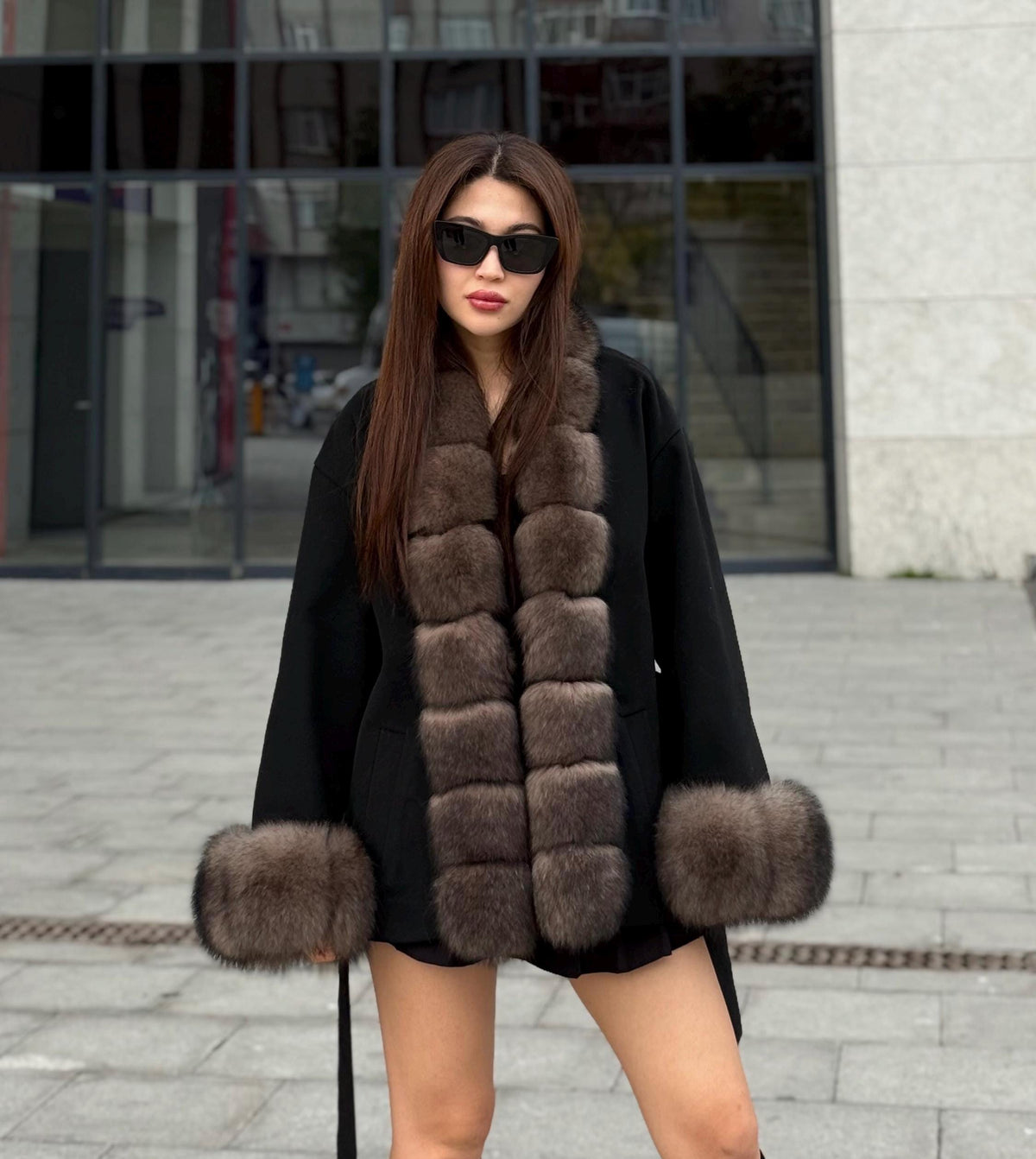 Black Short Cashmere Jacket, Front&Cuffs Fox Fur Jacket, Women Fox Fur Jacket.- Sable Brown Fox Fur Coat..- Fox Fur