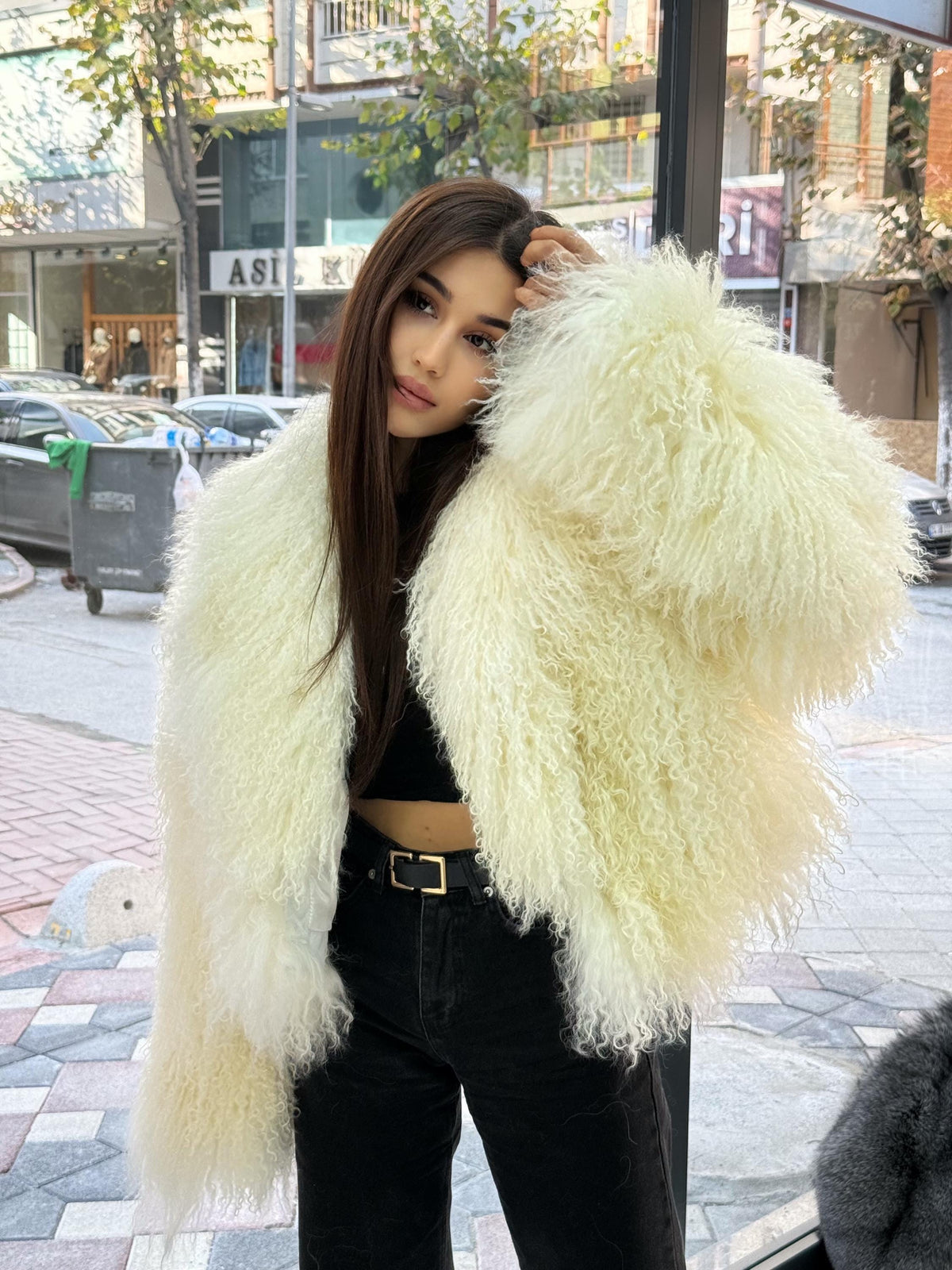 Ivory White Tibetan Fur Coat, Women’s Shaggy Lamb Fur Jacket, Mongolian Lamb Fur Coat, Longhair Lamb Fur Jacket