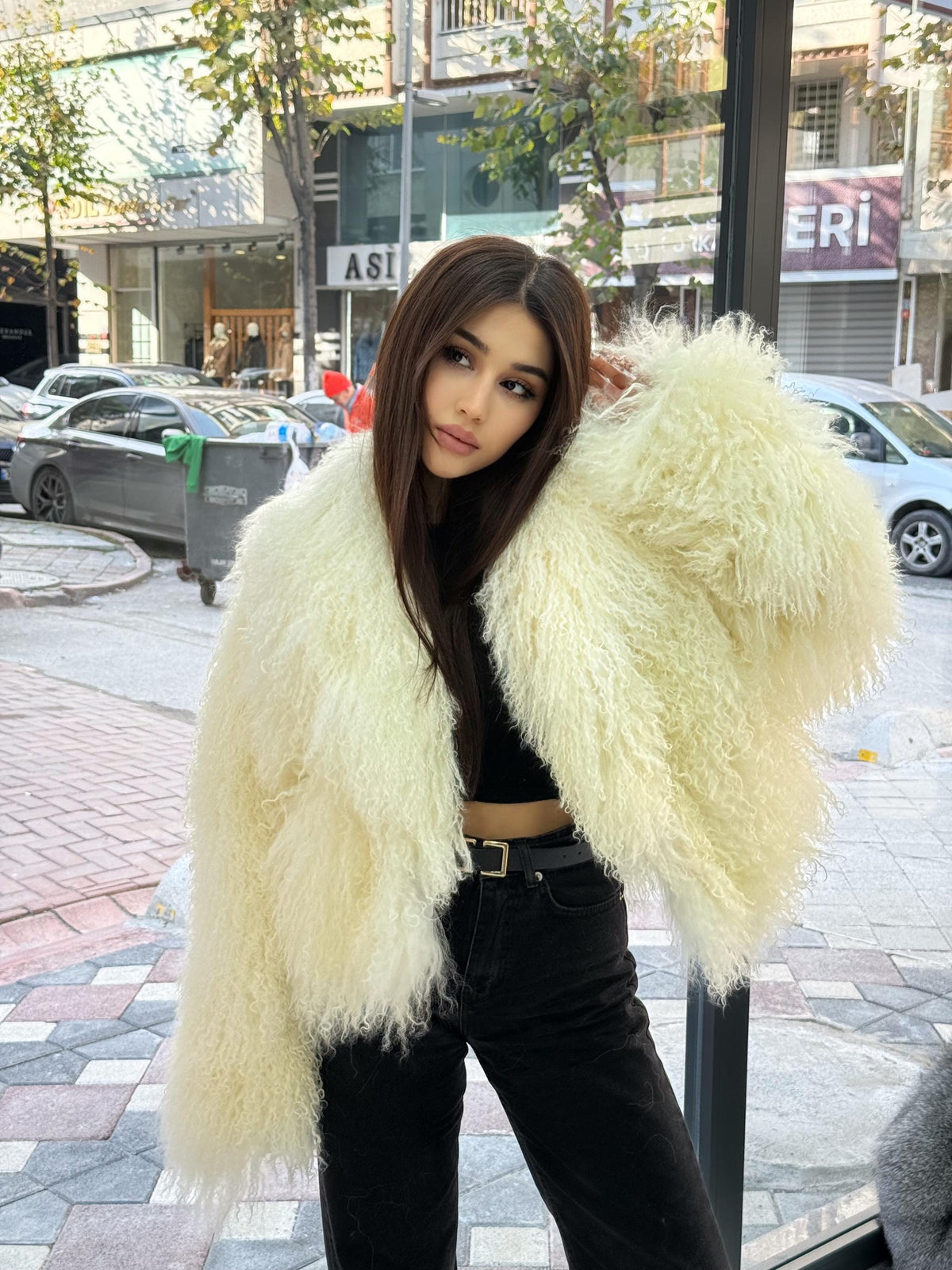 Ivory White Tibetan Fur Coat, Women’s Shaggy Lamb Fur Jacket, Mongolian Lamb Fur Coat, Longhair Lamb Fur Jacket