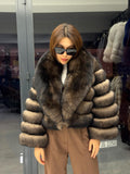 Brown Fox Fur Jacket, Sable Brown Fox Fur Coat, Women Fox Fur Jacket. Short Huge Collar Fox Fur Coat. Fox Fur