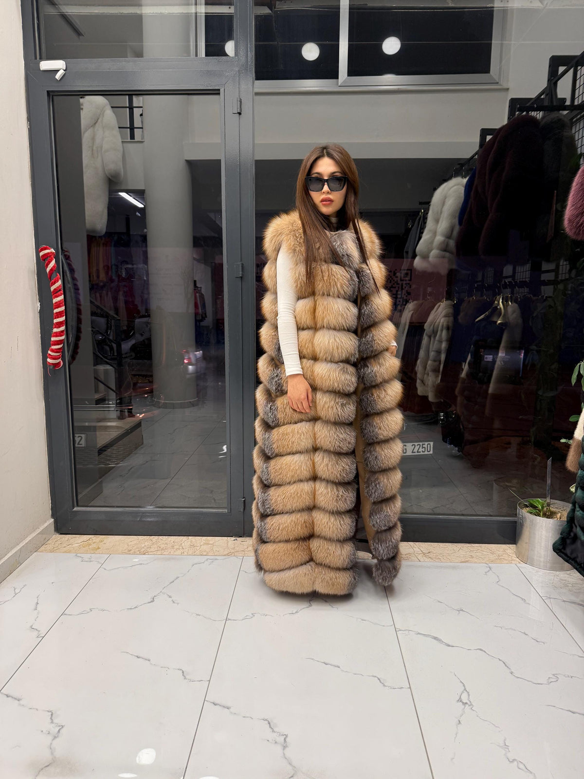 Long Golden Fox Fur Vest, Women Frost Fox Fur Gilet, Sleeveless Fox Fur Jacket, Full Length Fox Fur Vest