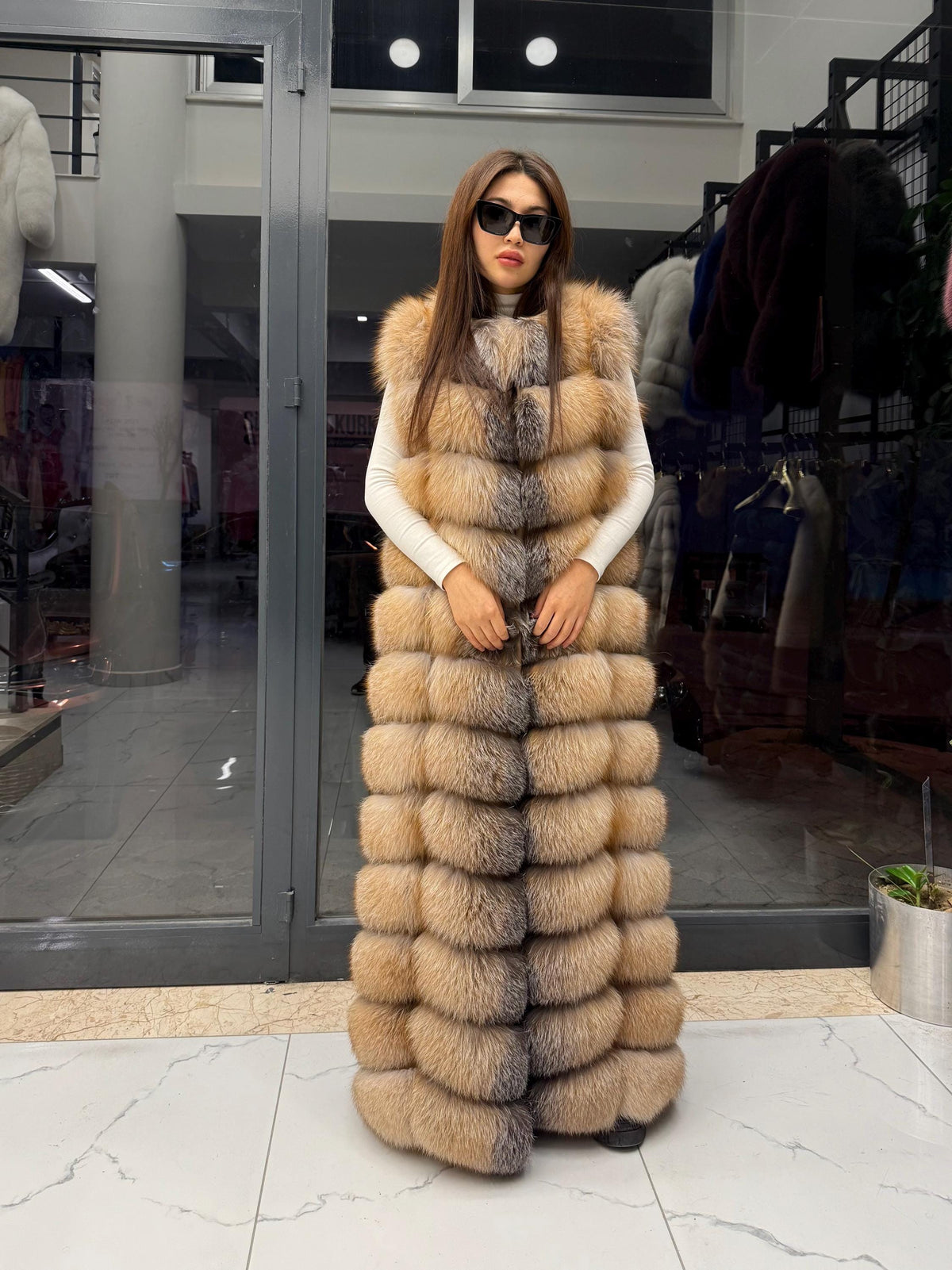 Long Golden Fox Fur Vest, Women Frost Fox Fur Gilet, Sleeveless Fox Fur Jacket, Full Length Fox Fur Vest