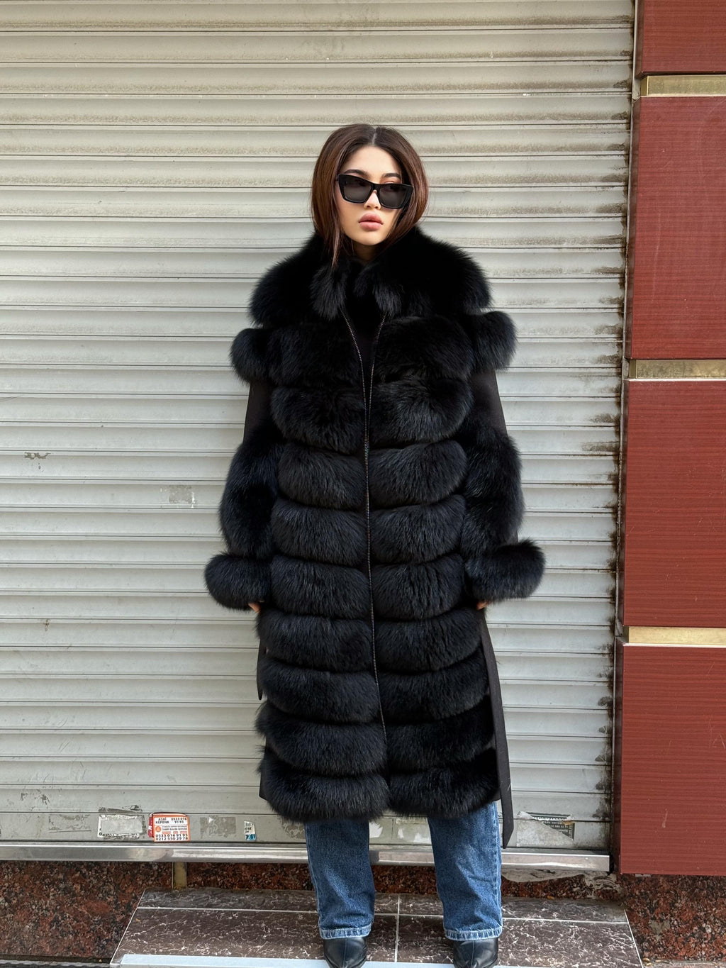 Long Black Fox Fur Jacket, Black Cashmere Coat.- Women Fox Fur Jacket..- Front Fox Fur Coat… Fox Fur
