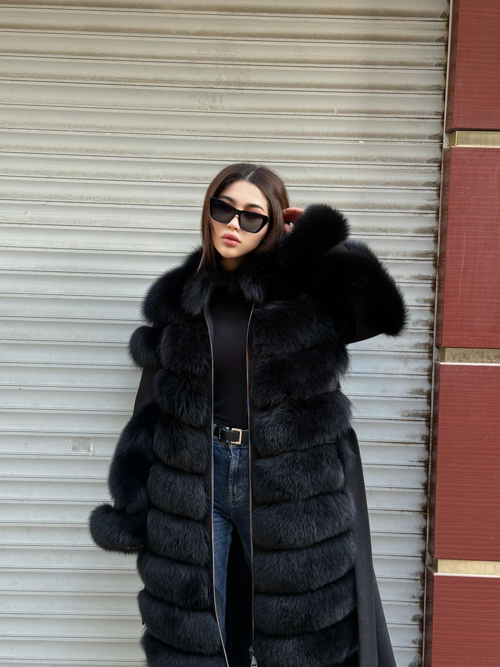 Long Black Fox Fur Jacket, Black Cashmere Coat.- Women Fox Fur Jacket..- Front Fox Fur Coat… Fox Fur