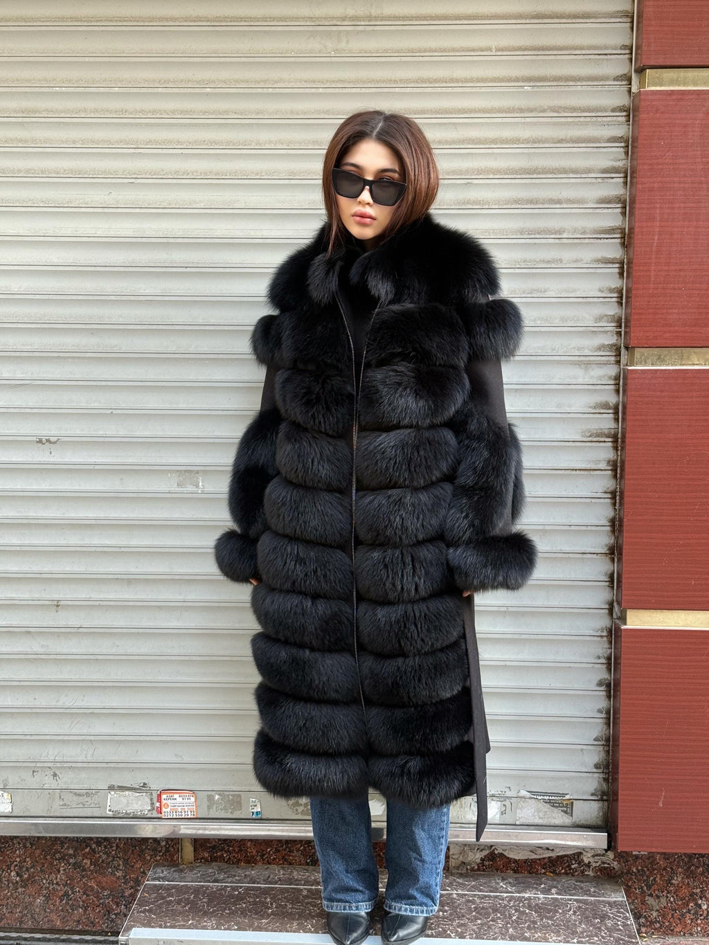 Long Black Fox Fur Jacket, Black Cashmere Coat.- Women Fox Fur Jacket..- Front Fox Fur Coat… Fox Fur