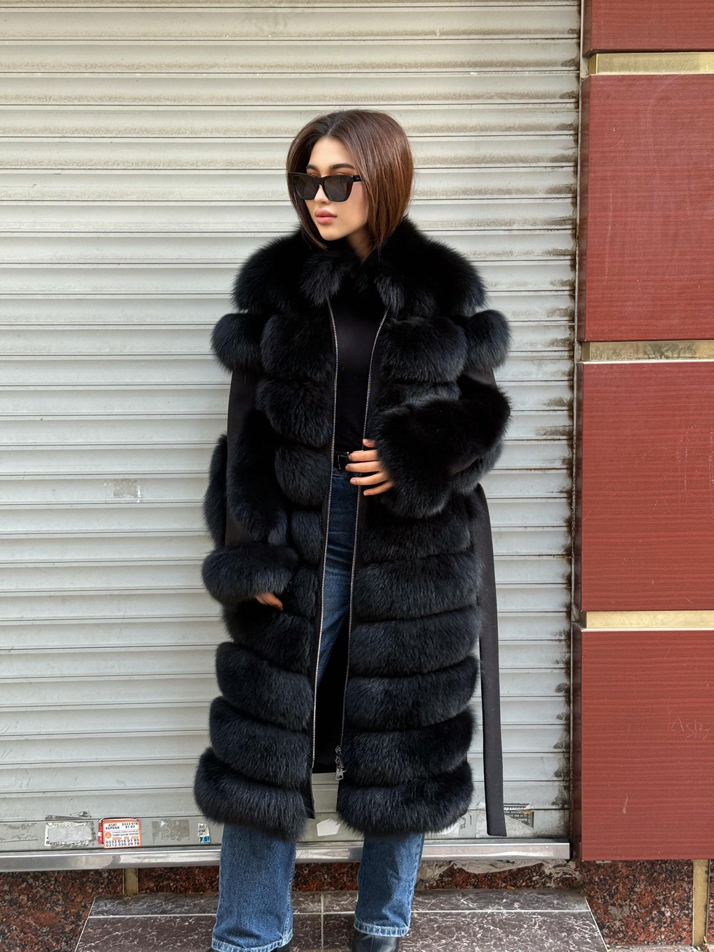 Long Black Fox Fur Jacket, Black Cashmere Coat.- Women Fox Fur Jacket..- Front Fox Fur Coat… Fox Fur