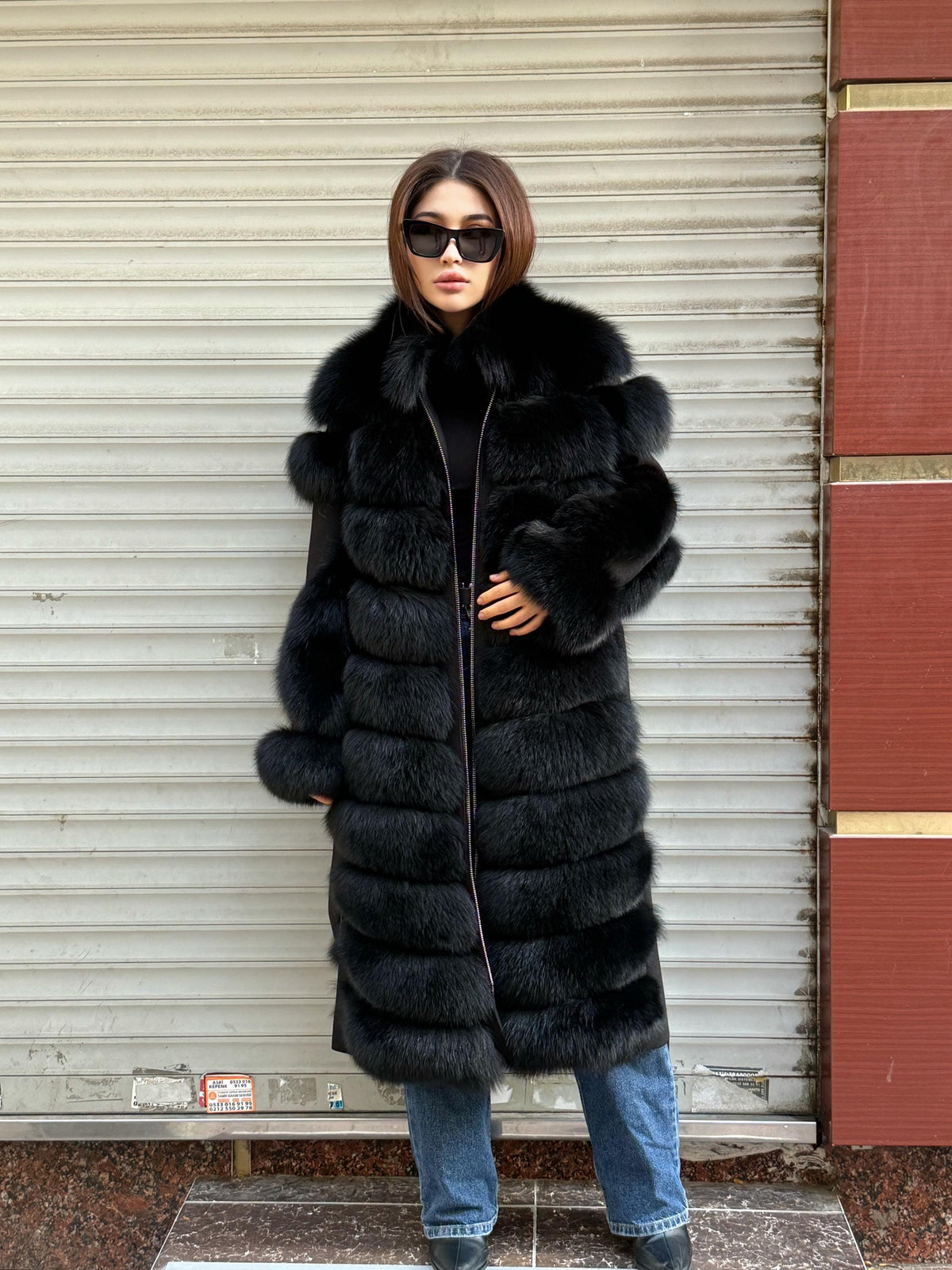 Long Black Fox Fur Jacket, Black Cashmere Coat.- Women Fox Fur Jacket..- Front Fox Fur Coat… Fox Fur