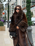Luxury Women’s Long Brown Faux Mink Coat with Genuine Fox Fur Collar & Cuffs | Sable Fox Fur Jacket