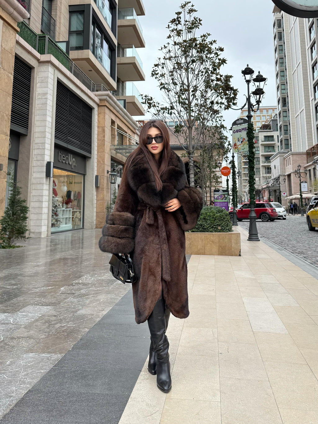 Luxury Women’s Long Brown Faux Mink Coat with Genuine Fox Fur Collar & Cuffs | Sable Fox Fur Jacket
