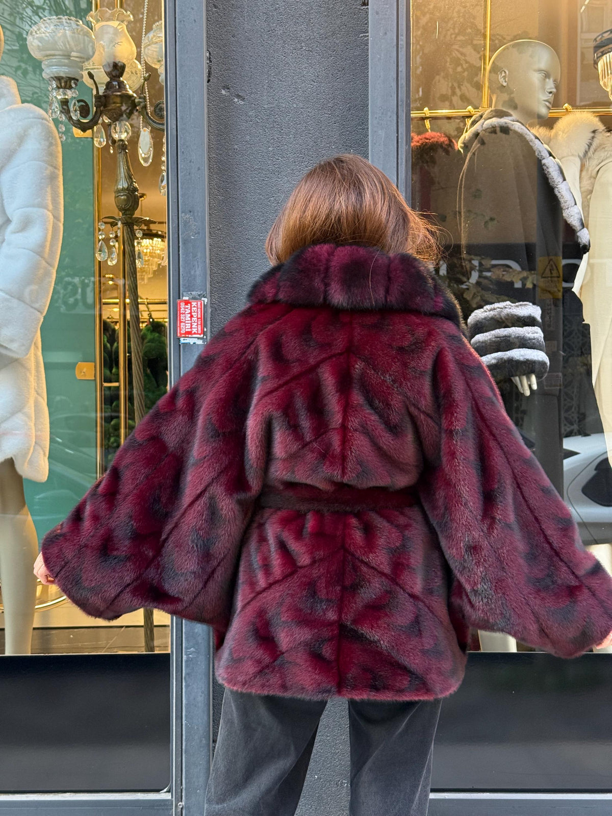 Burgundy Faux Mink Fur Cape - Collar Fox Fur Jacket. Women Fox Fur Jacket-.. Burgundy Fox Fur Jacket..- Fox Fur Cape