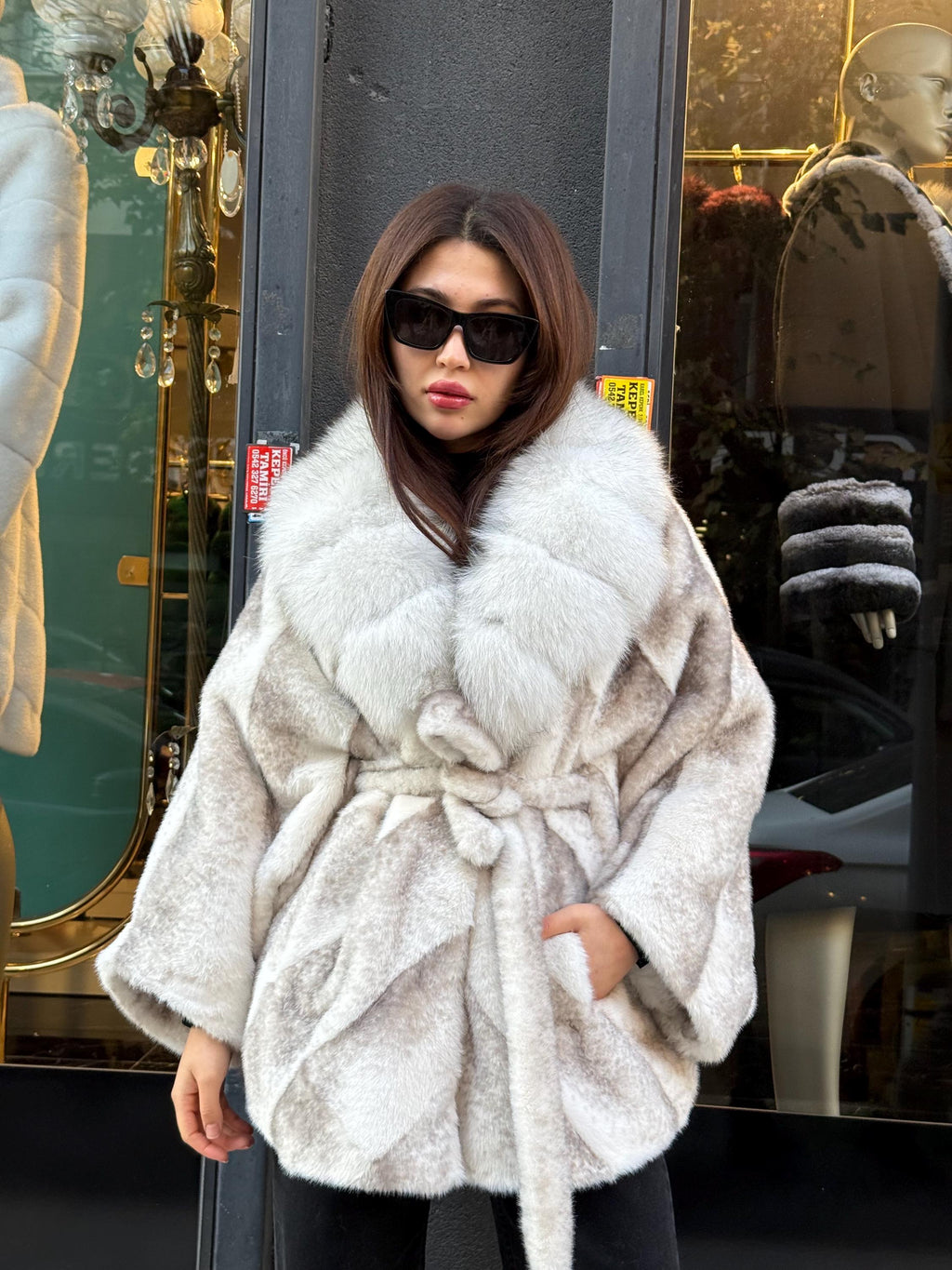 White Faux Mink Fur Cape with Real Fox Fur Collar | Luxury Women’s Winter Fox Fur Coat