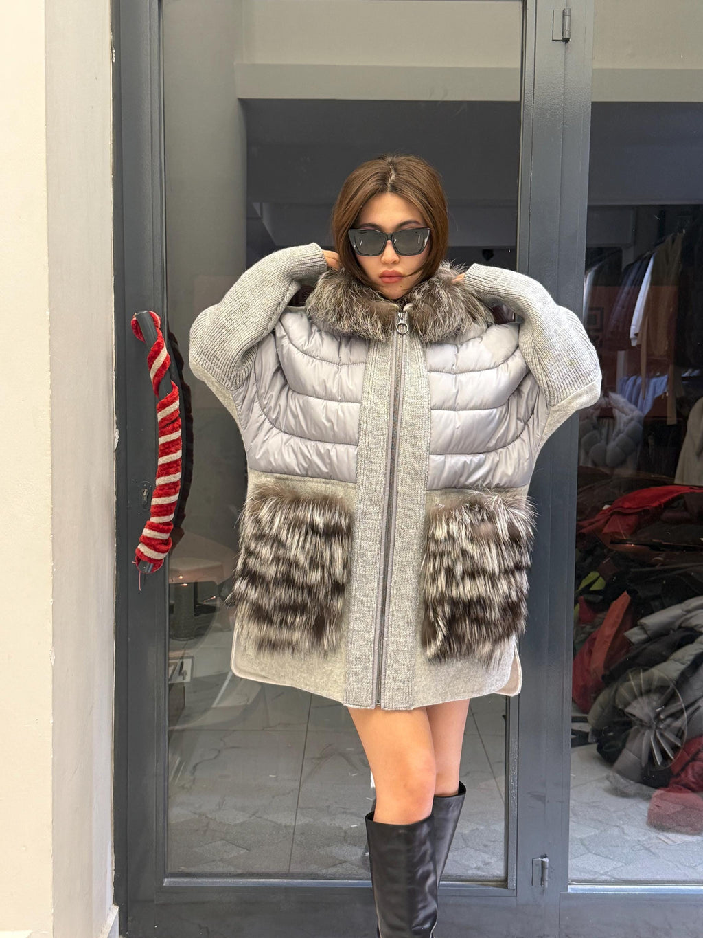 Gray Plus Size Puffer Coat, Women Hood&Pockets Fox Fur Jacket, Oversized Fox Fur Coat, Alpaca Wool Coat. Fox Fur Jacket