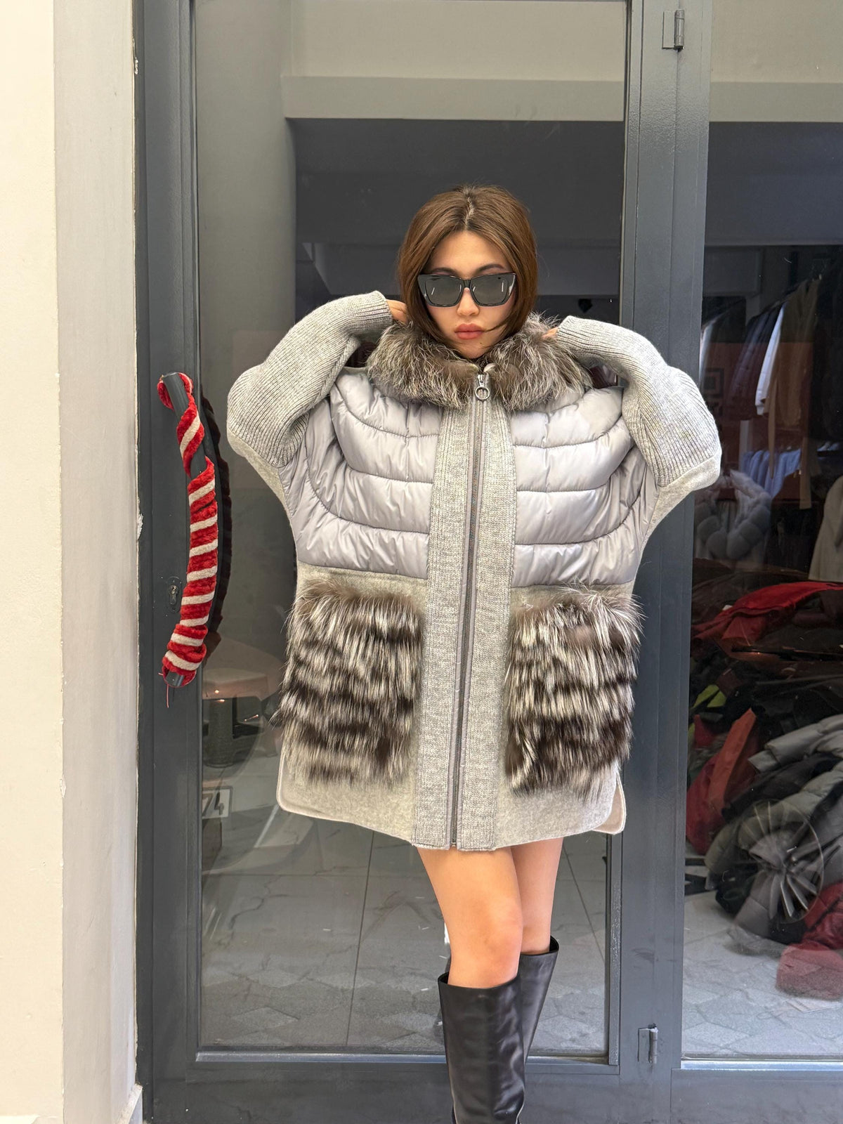 Gray Plus Size Puffer Coat, Women Hood&Pockets Fox Fur Jacket, Oversized Fox Fur Coat, Alpaca Wool Coat. Fox Fur Jacket