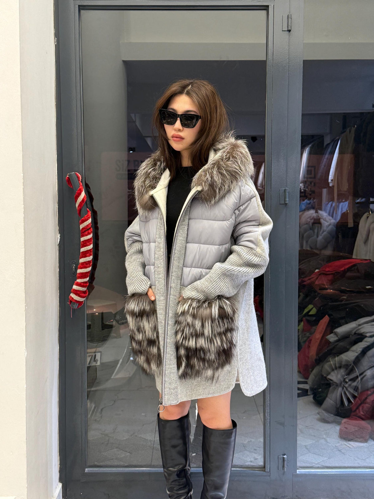 Gray Plus Size Puffer Coat, Women Hood&Pockets Fox Fur Jacket, Oversized Fox Fur Coat, Alpaca Wool Coat. Fox Fur Jacket