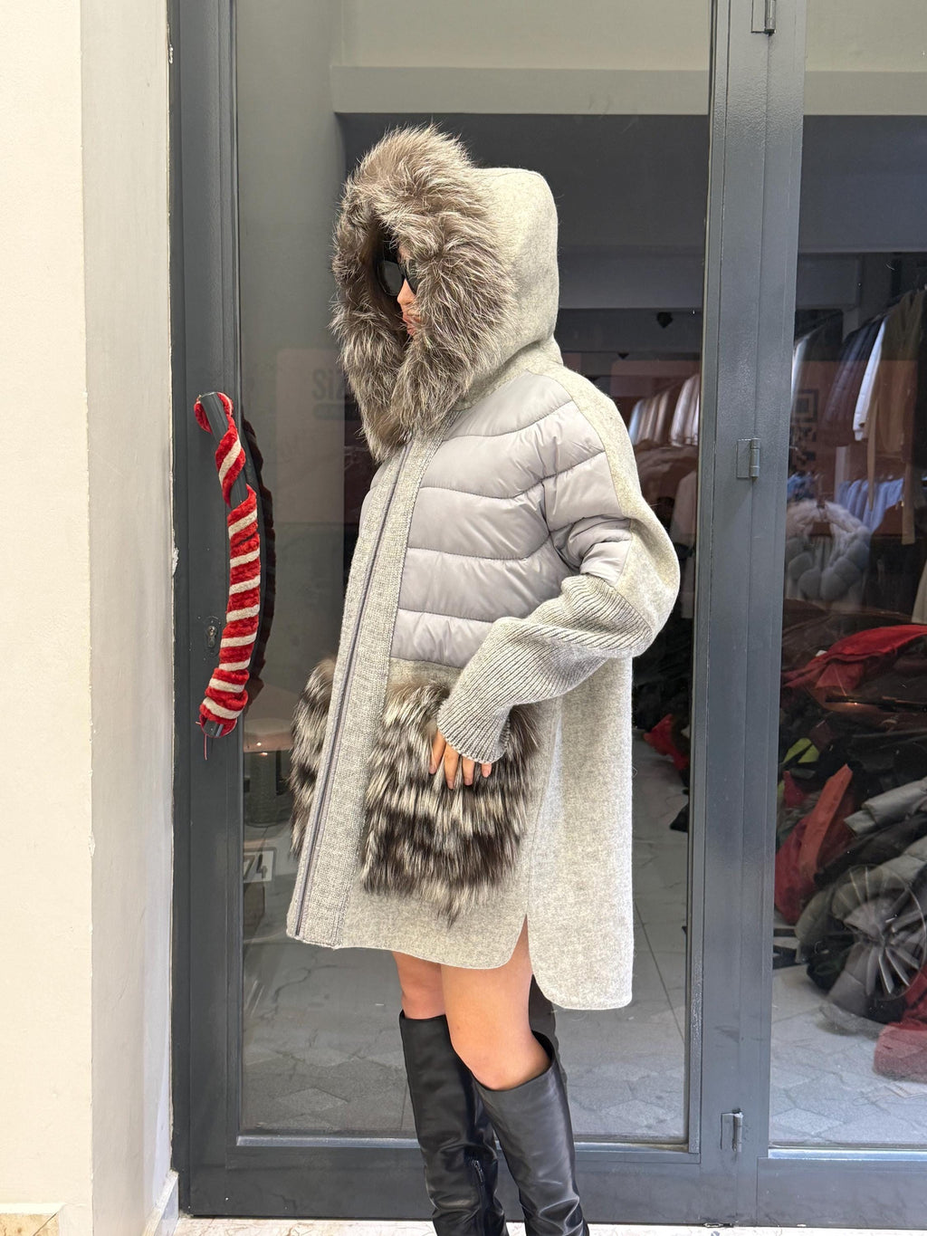 Gray Plus Size Puffer Coat, Women Hood&Pockets Fox Fur Jacket, Oversized Fox Fur Coat, Alpaca Wool Coat. Fox Fur Jacket