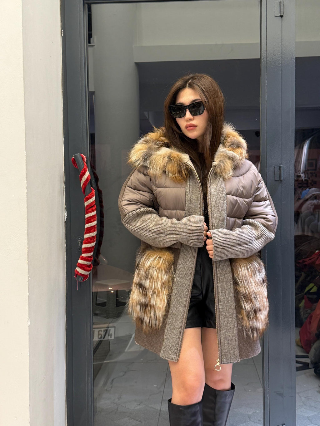 Mause Plus Size Puffer Coat, Women Hood&Pockets Fox Fur Jacket, Oversized Fox Fur Coat, Alpaca Wool Coat. Fox Fur Jacket