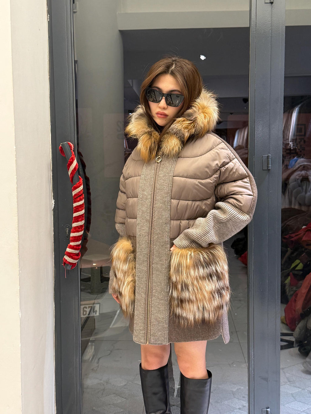 Mause Plus Size Puffer Coat, Women Hood&Pockets Fox Fur Jacket, Oversized Fox Fur Coat, Alpaca Wool Coat. Fox Fur Jacket