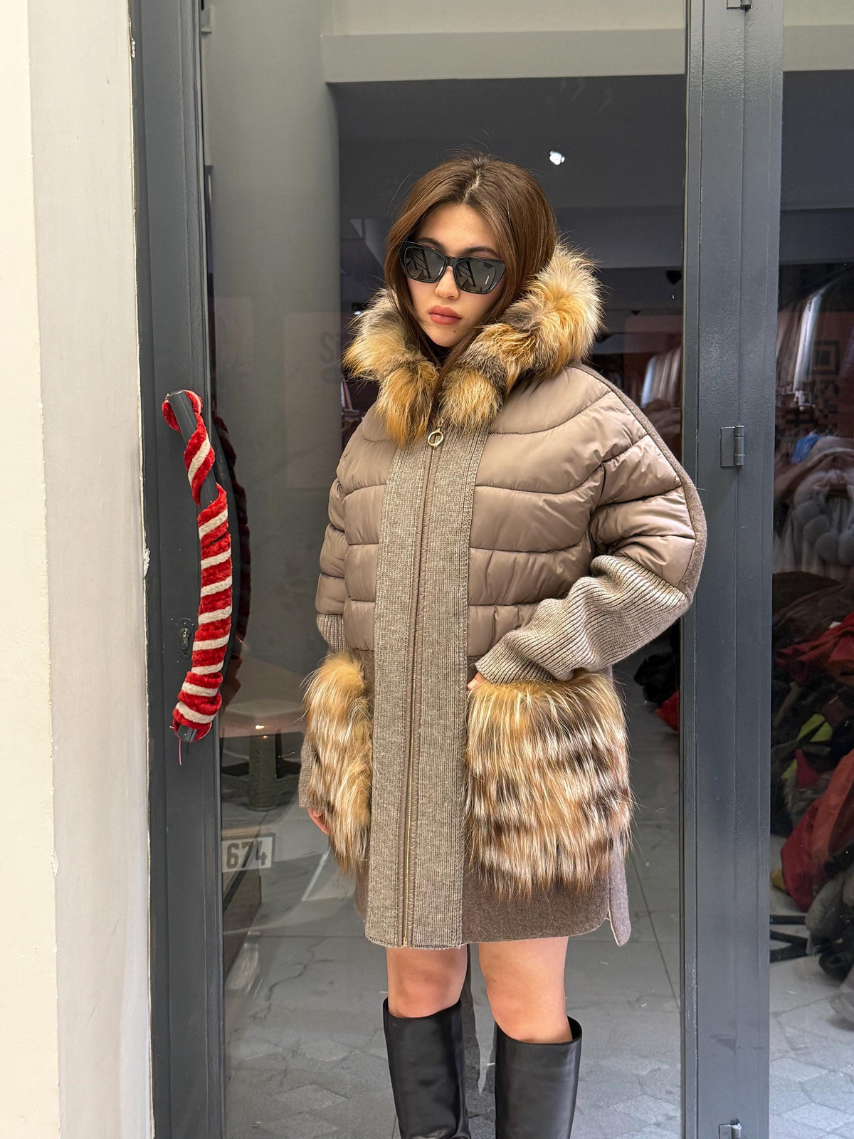 Mause Plus Size Puffer Coat, Women Hood&Pockets Fox Fur Jacket, Oversized Fox Fur Coat, Alpaca Wool Coat. Fox Fur Jacket