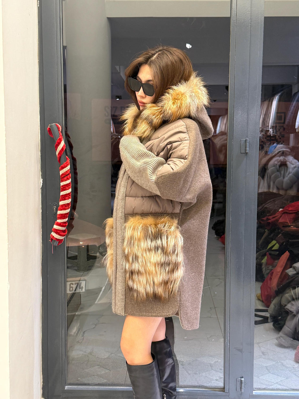 Mause Plus Size Puffer Coat, Women Hood&Pockets Fox Fur Jacket, Oversized Fox Fur Coat, Alpaca Wool Coat. Fox Fur Jacket
