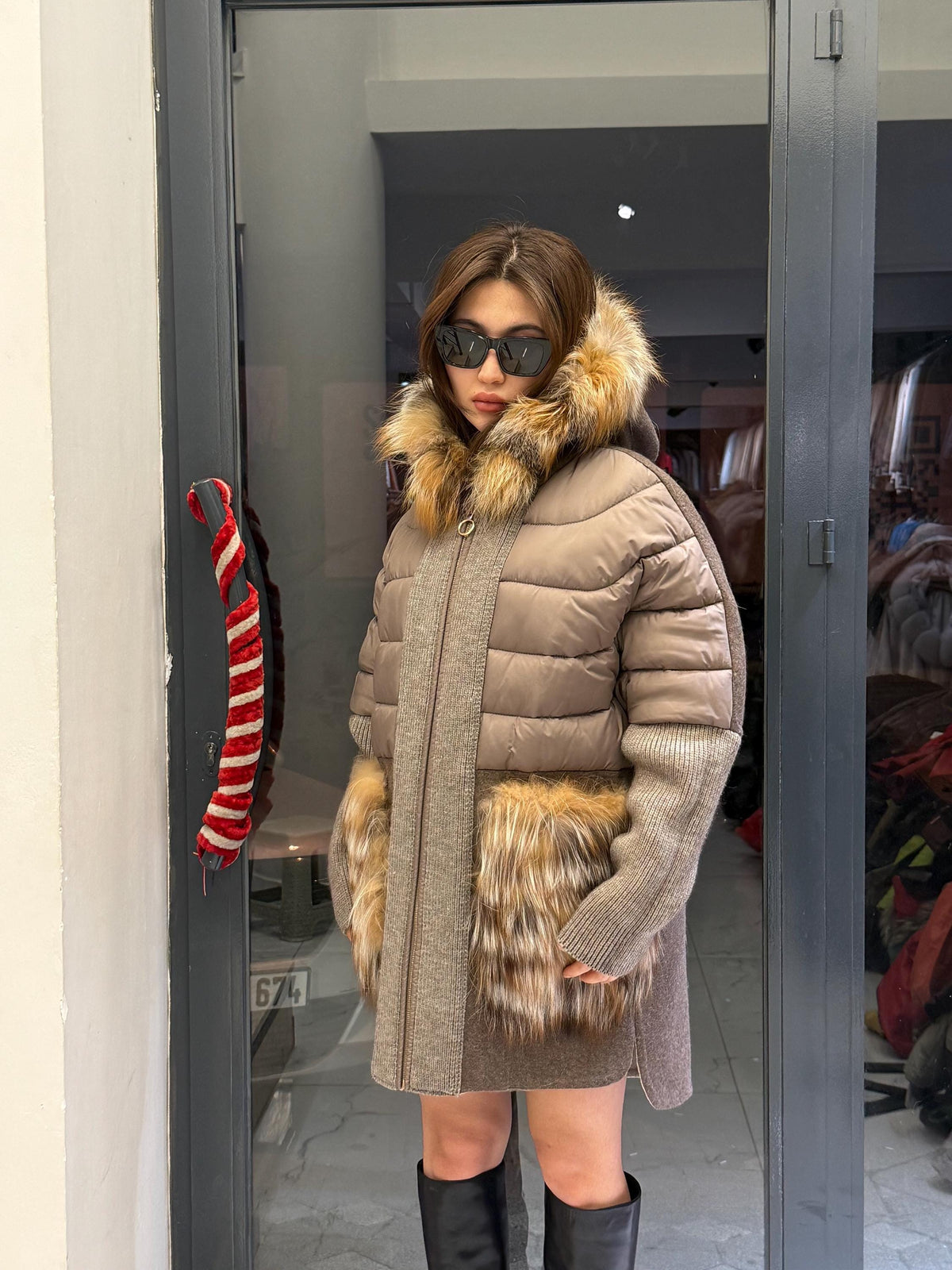 Mause Plus Size Puffer Coat, Women Hood&Pockets Fox Fur Jacket, Oversized Fox Fur Coat, Alpaca Wool Coat. Fox Fur Jacket