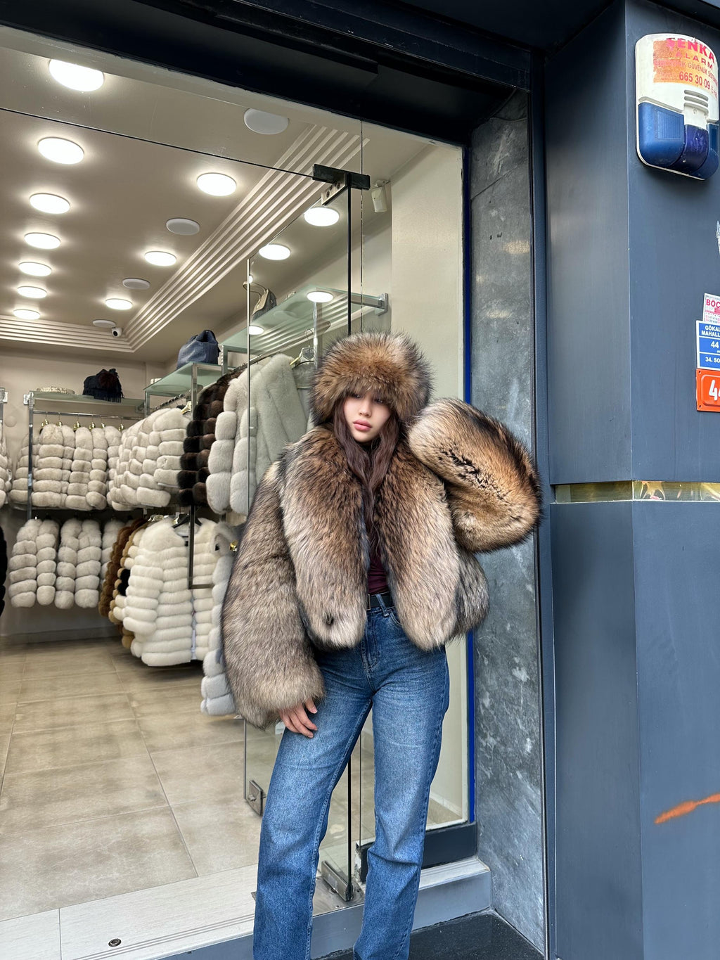 Raccoon Fox Fur Jacket, Women Gold Brown Fox Fur Coat. Short Fox Fur Jacket