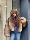 Raccoon Fox Fur Jacket, Women Gold Brown Fox Fur Coat. Short Fox Fur Jacket