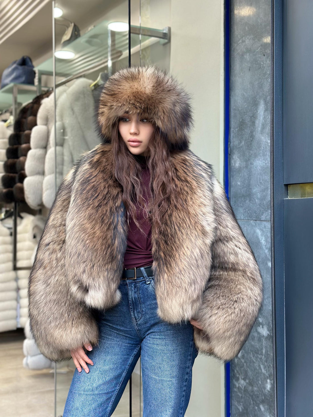 Raccoon Fox Fur Jacket, Women Gold Brown Fox Fur Coat. Short Fox Fur Jacket