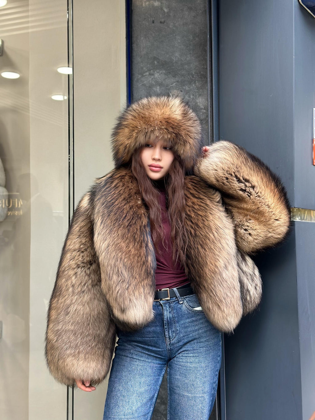 Raccoon Fox Fur Jacket, Women Gold Brown Fox Fur Coat. Short Fox Fur Jacket