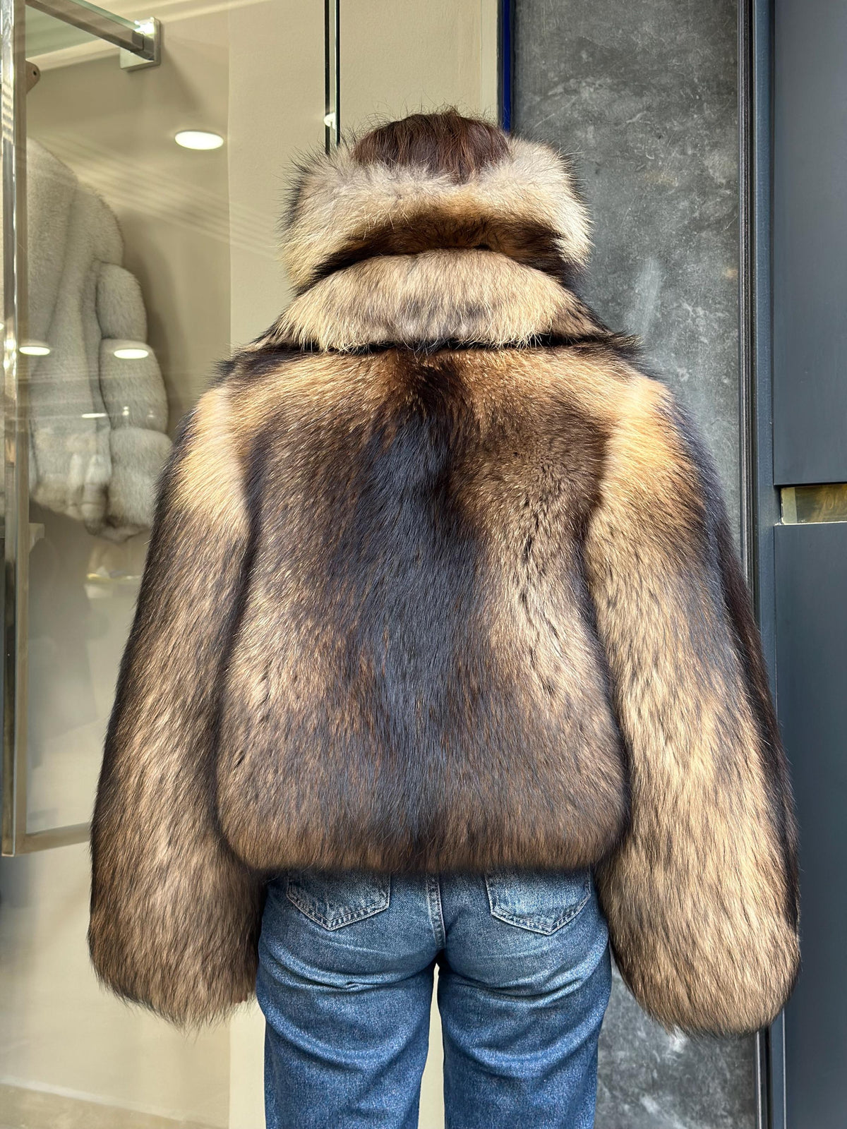Raccoon Fox Fur Jacket, Women Gold Brown Fox Fur Coat. Short Fox Fur Jacket