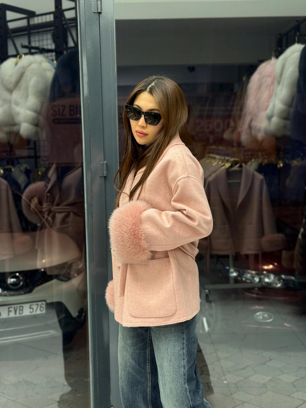 Pink Short Alpaca Wool Coat, Women Fox Fur Jacket, Cuffs Fox Fur Jacket,. Pink Fox Fur. - Soft Fox Fur