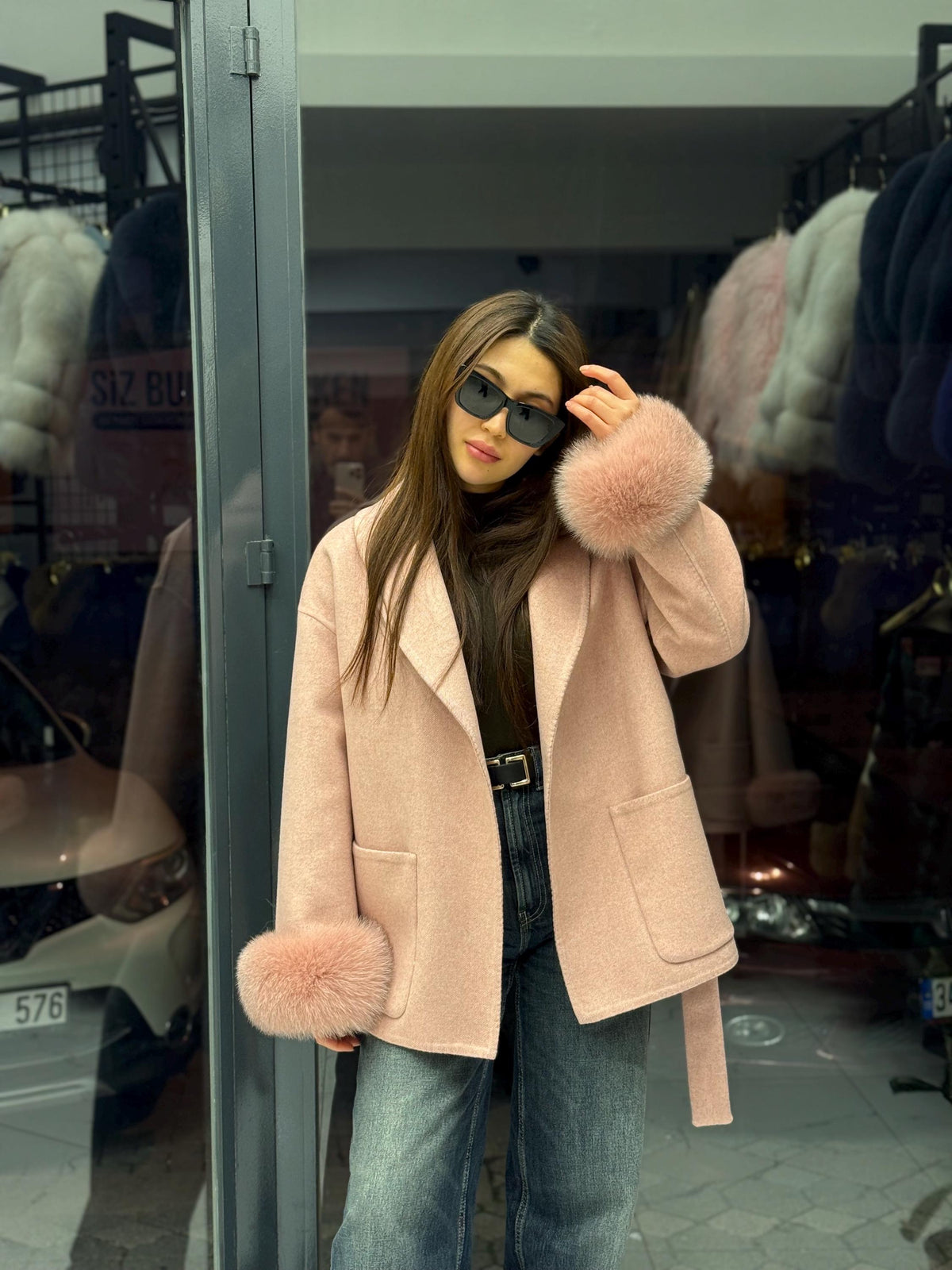 Pink Short Alpaca Wool Coat, Women Fox Fur Jacket, Cuffs Fox Fur Jacket,. Pink Fox Fur. - Soft Fox Fur