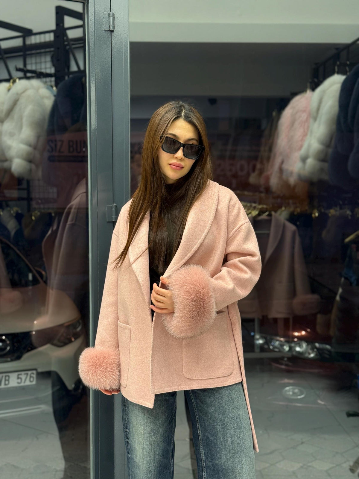 Pink Short Alpaca Wool Coat, Women Fox Fur Jacket, Cuffs Fox Fur Jacket,. Pink Fox Fur. - Soft Fox Fur