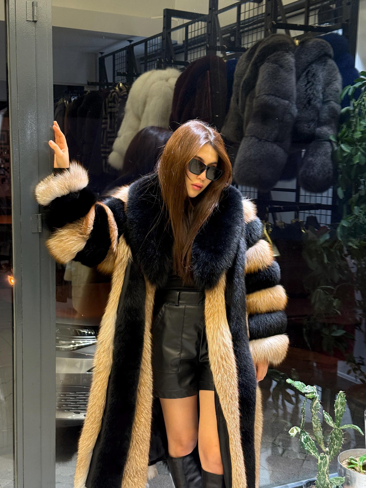 Long Black-Gold Fox Fur Coat, Unisex Luxury Winter Fox Fur Jacket, Black Fox Fur Jacket, Gold Fox Fur Jacket.- Long Fox Fur Jacket