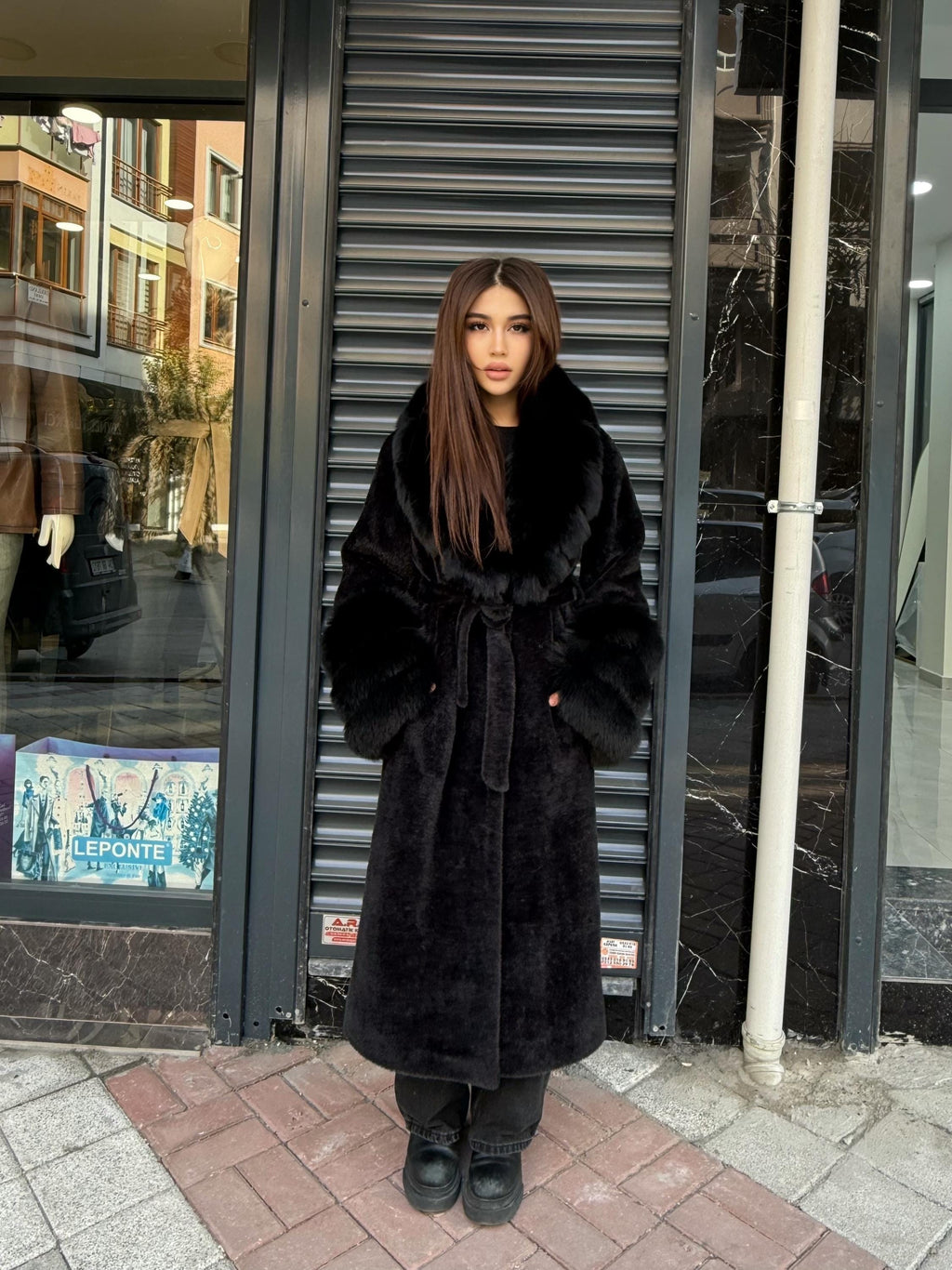 Luxury Women’s Long Black Alcantara Coat with Genuine Fox Fur Collar & Cuffs | Winter Fox Fur Coat