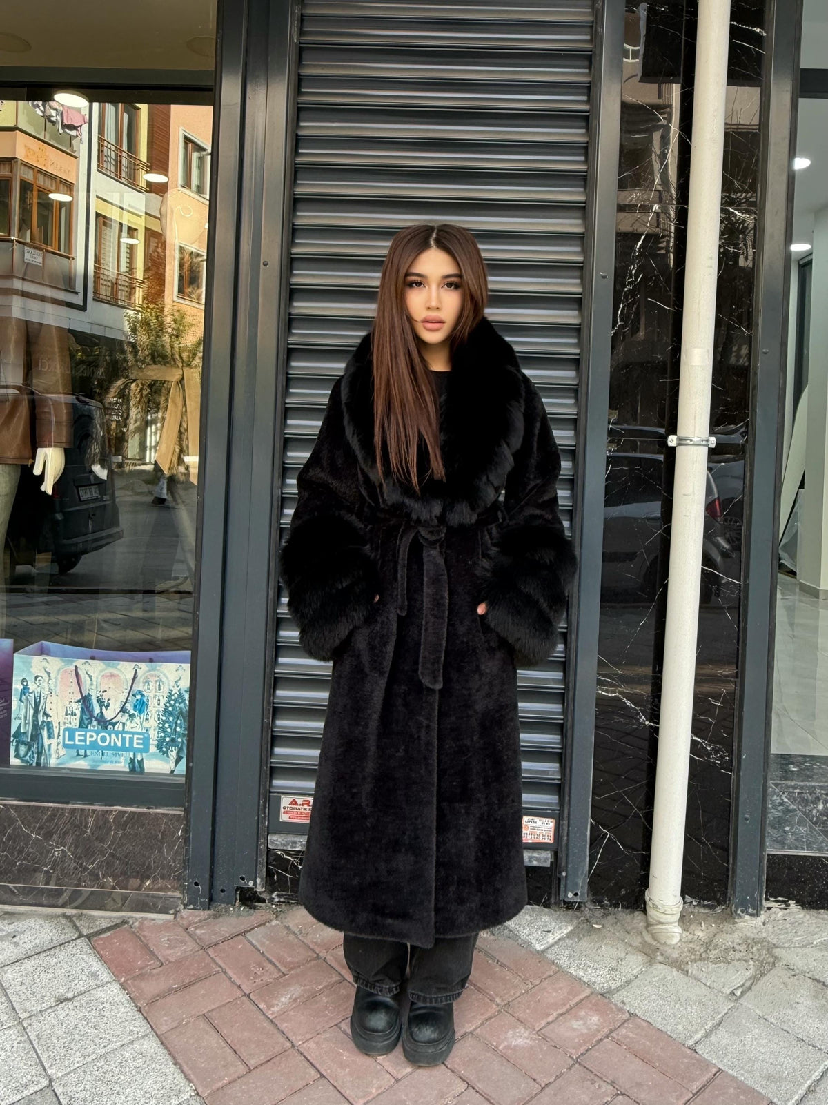 Luxury Women’s Long Black Alcantara Coat with Genuine Fox Fur Collar & Cuffs | Winter Fox Fur Coat