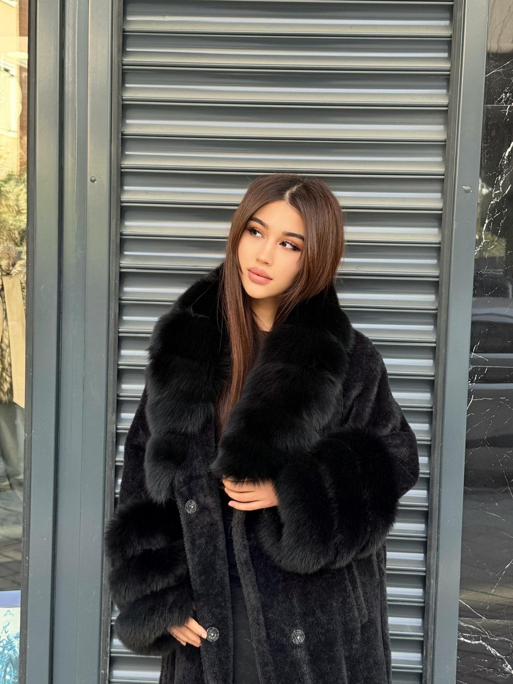 Luxury Women’s Long Black Alcantara Coat with Genuine Fox Fur Collar & Cuffs | Winter Fox Fur Coat