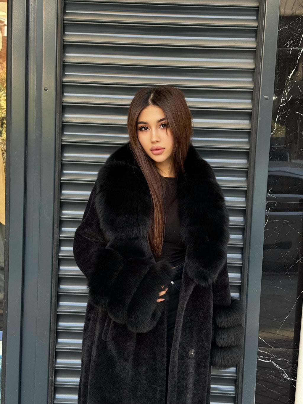 Luxury Women’s Long Black Alcantara Coat with Genuine Fox Fur Collar & Cuffs | Winter Fox Fur Coat