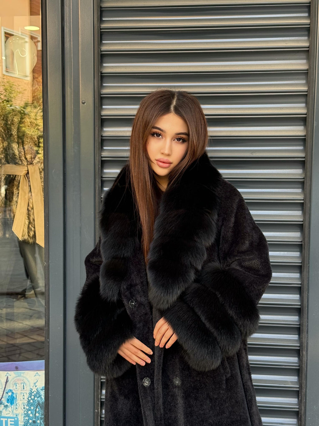 Luxury Women’s Long Black Alcantara Coat with Genuine Fox Fur Collar & Cuffs | Winter Fox Fur Coat