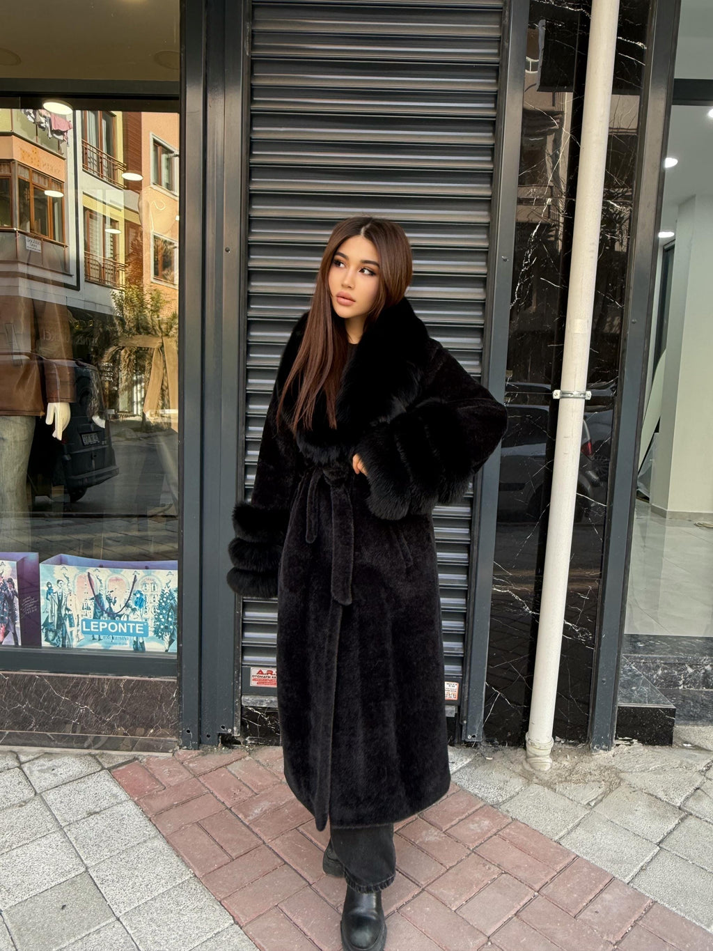 Luxury Women’s Long Black Alcantara Coat with Genuine Fox Fur Collar & Cuffs | Winter Fox Fur Coat