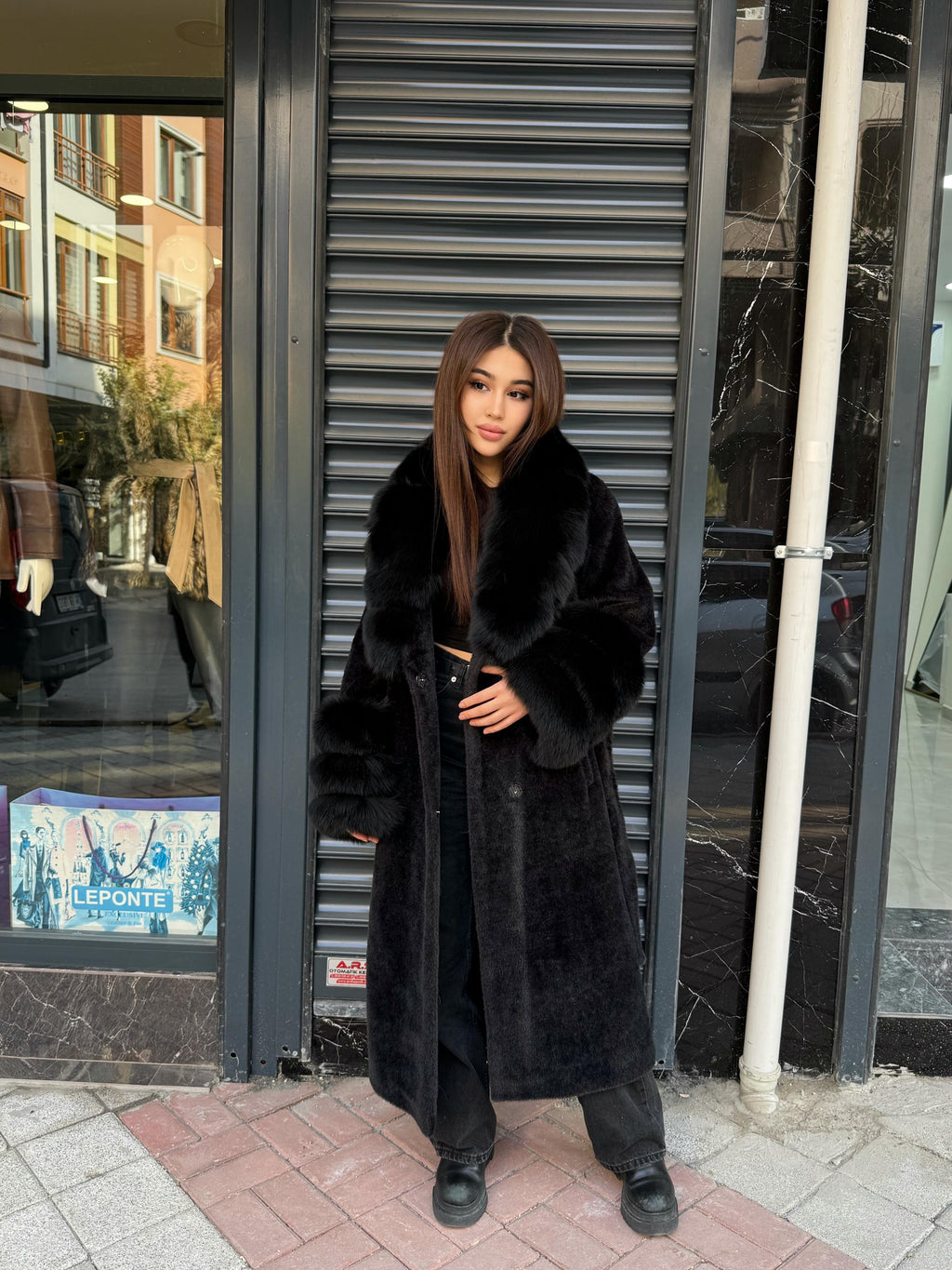 Luxury Women’s Long Black Alcantara Coat with Genuine Fox Fur Collar & Cuffs | Winter Fox Fur Coat