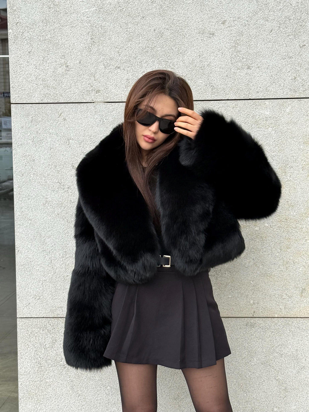 Women’s Black Fox Fur Jacket | Short Cropped Huge Collar Fut Coat
