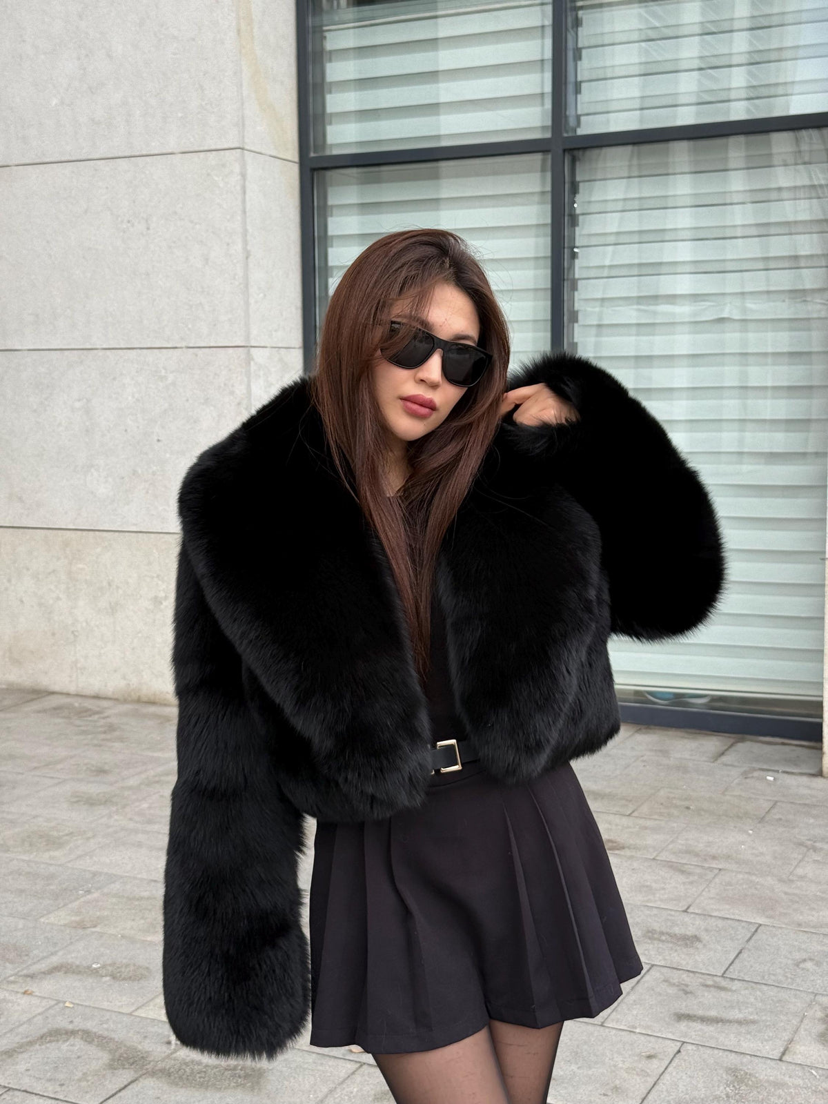 Women’s Black Fox Fur Jacket | Short Cropped Huge Collar Fut Coat