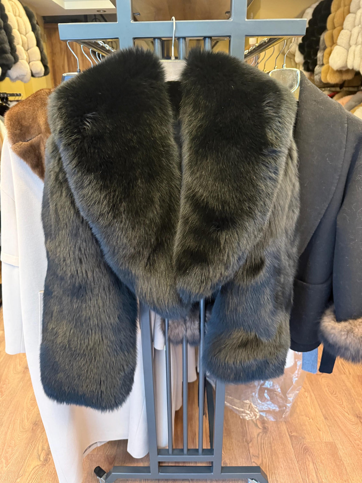 Women’s Black Fox Fur Jacket | Short Cropped Huge Collar Fut Coat