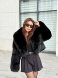 Women’s Black Fox Fur Jacket | Short Cropped Huge Collar Fut Coat