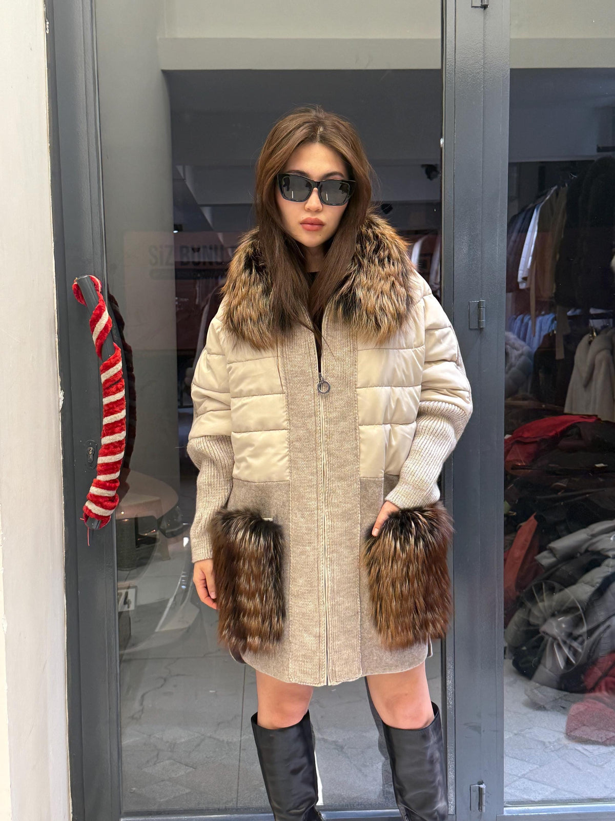 Gray Plus Size Puffer Coat, Women Collar&Pockets Fox Fur Jacket, Oversized Fox Fur Coat, Alpaca Wool Coat. Argentina Fox Fur Jacket